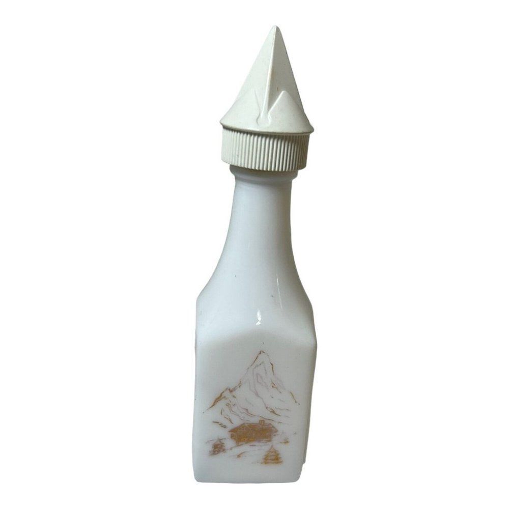 Vintage White Milk Glass Liquor  Bottle  Miniature Matterhorn Alps Scene Retro